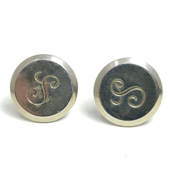 Vintage S Monogram Round Sivler Tone Clip On Earrings Silver Tone Initial Letter - Picture 1 of 6